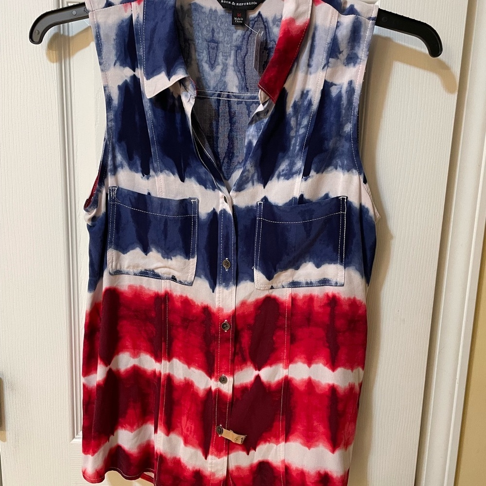 Rock & Republic Sleeveless Button-Down Top Red White Blue Tie-Dye Medium - Picture 1 of 3